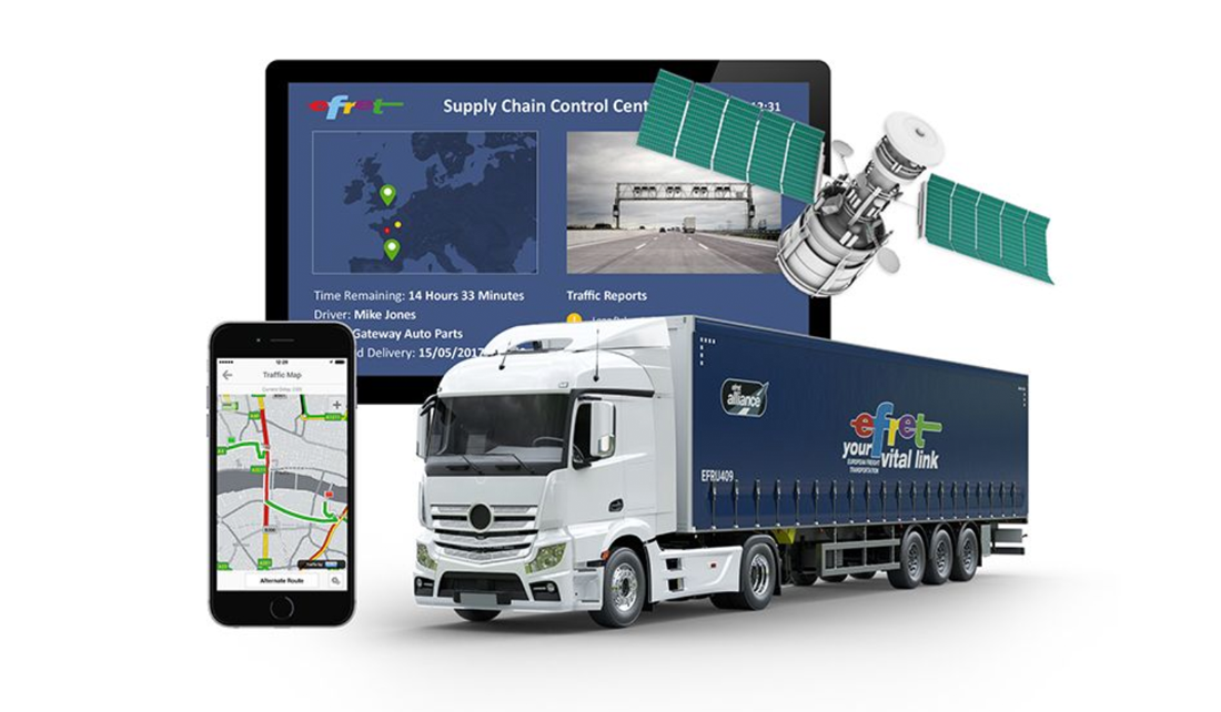 Ejemplos de tecnología utilizada para el transporte automotor, como una tableta y un smartphone con información del centro de control, como la ruta y la hora del transporte. Satélite y remolque Efret. 